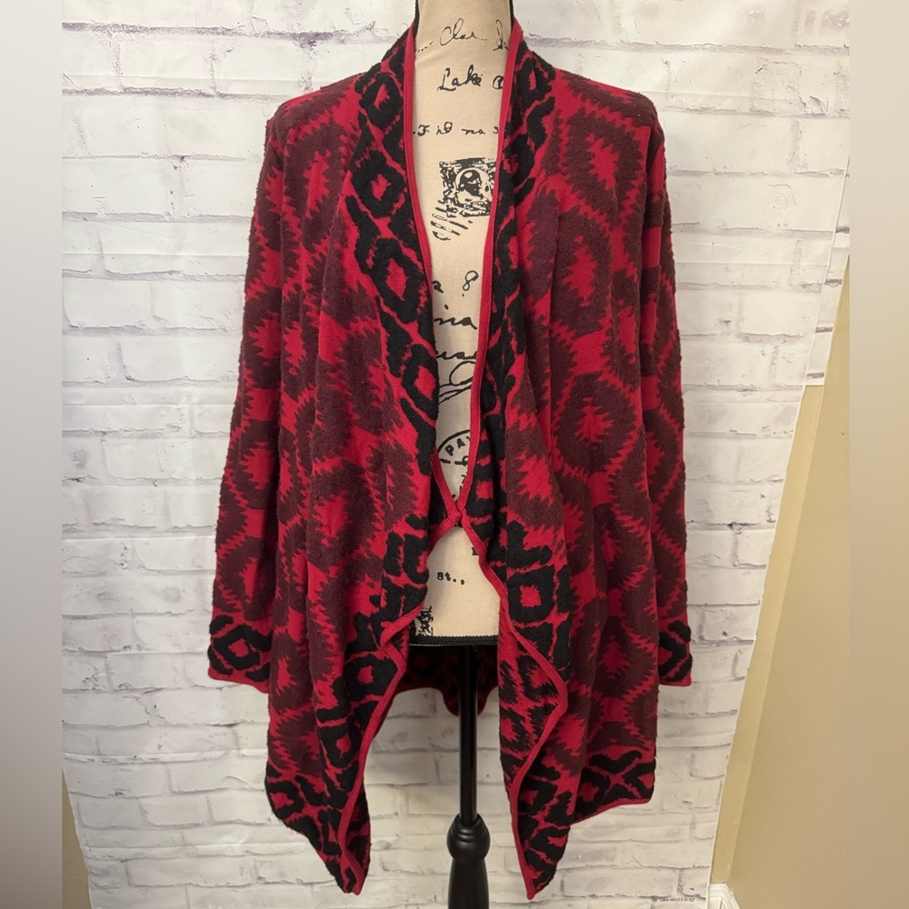 Lucky Brand L Red Black Aztec Long Cardigan cozy comfort Draped Sweater lounge